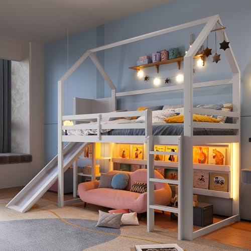 TOBIDOEN Lettino a soppalco 90x200 cm con scivolo e scaletta, ambiente e area giochi, rete di protezione, letto a forma di casa, bianco
