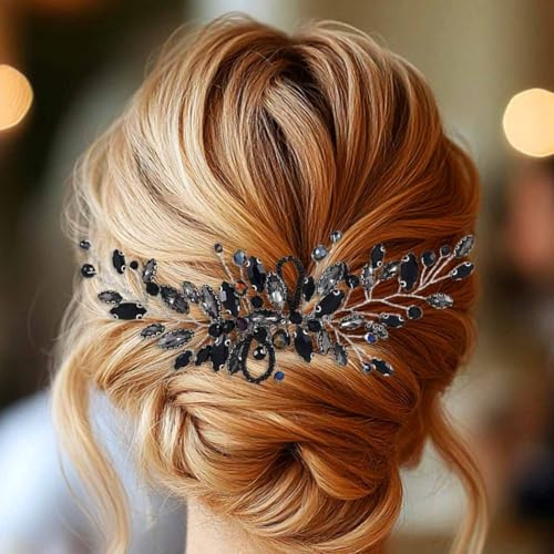 Unicra Schwarz Kristall Haar Kamm Strass Haarteil Prom Braut Hochzeit Haarschmuck für Frauen und Bräute