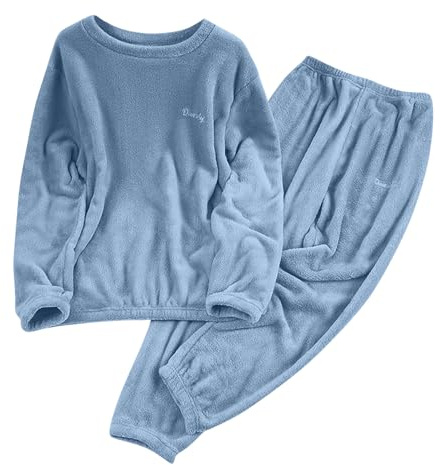 Womens Fluffy Loungewear Pyjamas Sets 2 Piece Sleepwear Casual Loose Fleece Pullover Lounge Pants Plush Thick Winter Nightwear Winter Cozy Pajamas PJs Set Blue