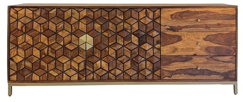 FineBuy Sideboard Sheesham Massivholz 180 cm 2 Türen & 3 Schubladen - Massive Retro Kommode mit Goldfarbenem Metall Gestell - Design Natur Anrichte - Handmade Industrial