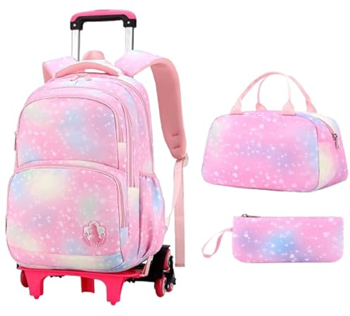 Mädchen Rucksack mit Rollen ,Schultrolley Kinder ,Wasserdichter,mit Lunch Bag Inklusive Federmäppchen ,Verstellbare Zugstange ,Schulranzen Detach ,Treppensteigen,für(von 7–12 Jahren) Schule,Reisen