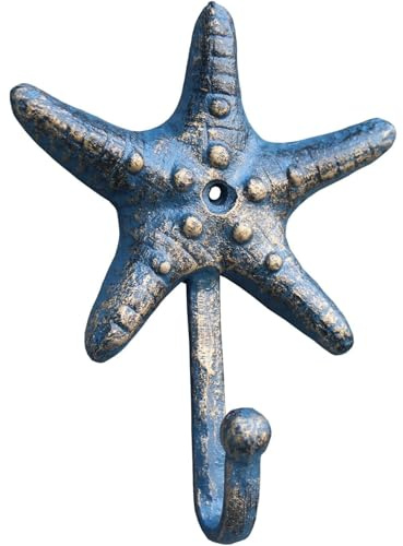 HillSpring Seestern Guss Dekorative Haken, Garderobenhaken, Antik-Blau mit Gold-Akzent, Maritimer Wandhaken Seestern, Gusseisen