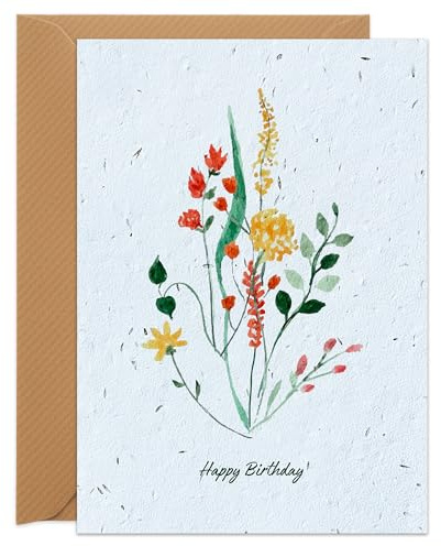 UK Seed Paper Plantable Birthday Card Wildflower Birthday Standard Size (105 x 148mm Folded), Eco Friendly Card and Seed Envelope with Flowers Design