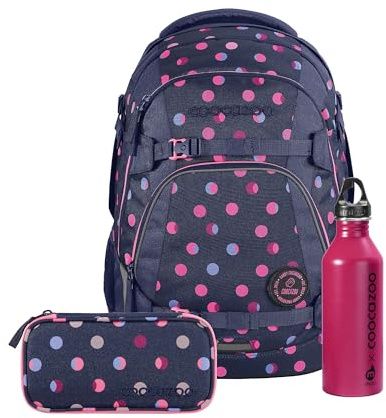 Coocazoo Schulrucksack-Set Mate „Reflective Moons“ 3-teilig, lila, ergonomischer 30L Tornister, mit Brust- und Hüftgurt für Kinder ab der 5. Klasse, inkl. Mäppchen und Edelstahl-Trinkflasche
