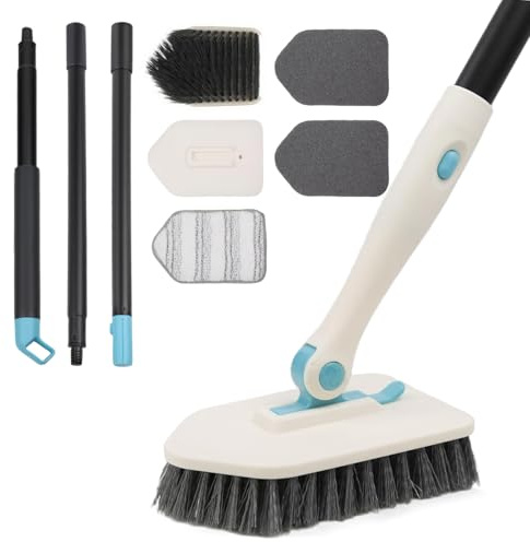 Bathroom Cleaning Brush, 3-in-1 Telescopic Scrubber with 180° Rotating Head | Swap Stiff Brush, Sponge Scourer & Microfibre Pad, Telescopic Pole to 128 cm; Scrubbing Brush for Tile, Glass & Bath