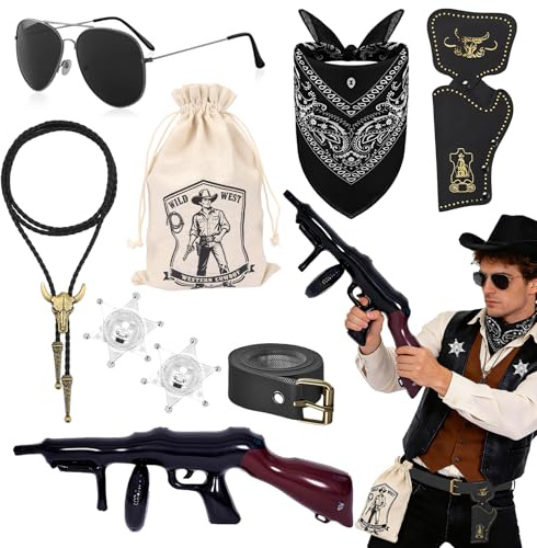 9Stück Western Cowboy Accessories Set, Wild West Cowboy Zubehör Kit mit Aufblasbare Spielzeugpistolen Beutel mit Kordelzug brillen Bandana Holster Gürtel Halsketten Abzeichen für Herren Karneval Party