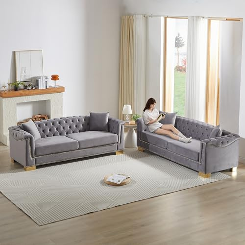 eluvatery 2 Pieces Chesterfield 3-Seater Velvet Combination Sofa Sets, 4 Cushion Classic 6.5 Rolled Arm Modern Couch Suitable for Living Room (Grey, 2 Pieces 84 3-Seater Sofa Sets)