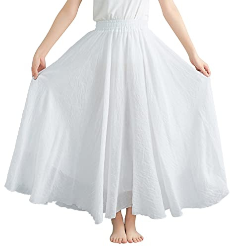 Women's Bohemian Elastic Waist Band Long Maxi A Line Boho Skirt Women's Renaissance Maxi Skirt Elastic High Waist A Line Vintage Swing Skirts Boho Plain Women Long Casual Pleated Skirts 85CM White