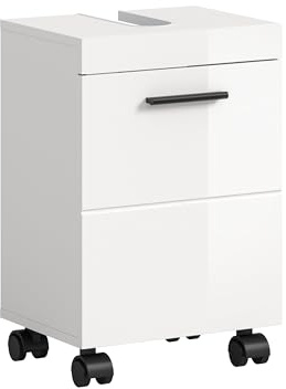 xonox.home – Waschbeckenunterschrank Nova auf Rollen 40x58x30 cm in weiß Hochglanz – Mobiler Badunterschrank mit 1 Tür & 1 Einlegeboden – Kompakte Stauraumlösung, modern, flexibel & platzsparend