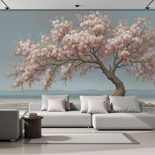 Papier Peint Panoramique Cerisiers En Fleurs Montagnes, Papiers Peints Illustration De Paysage Tranquille 250x175cm, Poster Geant Mural Impression Pour Salon Chambre - Moderne Décoration Murale, Rose