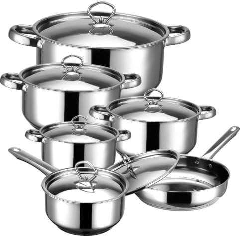 Hunnycook Stainless Steel Pot and Pan Set - 12Pcs Induction Hob Pots and Pans Sets, Includes 5 Pots and Saucepan with Lid, Frying Pan, Nonstick & Fixed Handles, PFOA Free