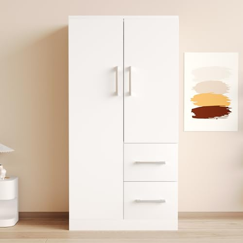Merax Kinderkleiderschrank 70×40×135 cm – Kleiderschrank Weiß Holz, Doppeltüriger Garderobenschrank mit Schubladen & Staufächern, kompakt für Kinder- und Jugendzimmer