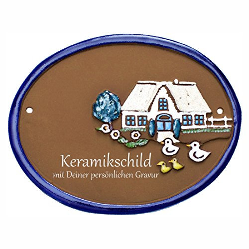 Handarbeit aus Schleswig-Holstein Keramikschild 19 x 14,5 cm Motiv Bauernhaus mit Vögeln und Küken (braun)