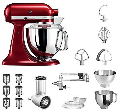 KitchenAid Küchenmaschine Artisan, 5KSM175PS, Veggie Paket inkl. TOP Zubehör: Gemüseschneider inkl. Zusatztrommeln, Spiralschneider und Standardzubehör (Liebesapfel Rot)