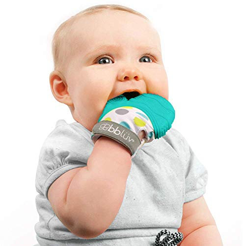 bblüv - Glüv - Original Silikon Baby Beißhandschuh mit entgegengesetztem Daumen, selbstberuhigendes Beißring Spielzeug, inklusive Aufbewahrungstasche (Aqua)