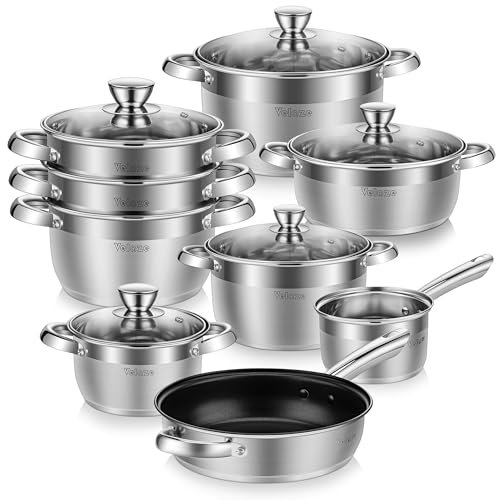 Velaze Cookware Set, Series Arthus, 14-Piece Stainless Steel Pot & Pan Sets, Induction Safe, Saucepan, Casserole with Glass lid,Steamer,Frypan (Set of 14)