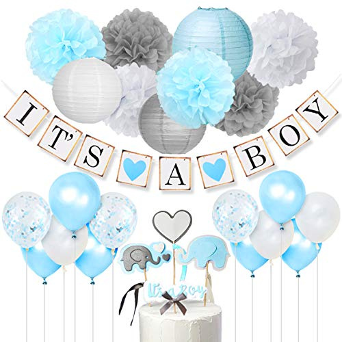 Babyparty Deko Junge - It's A Boy Girlande，Elefant Kuchendeckel Blau und Grey，Konfetti Luftballons，Blumenpuscheln für Taufe Geburtstag Baby Shower