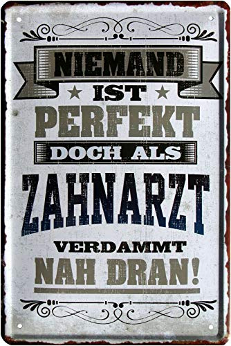 WOGEKA ART Retro Blechschild - Niemand ist perfekt, doch als Zahnarzt - witziger Spruch als Geschenk-Idee zum Geburtstag Weihnachten Dekoration 20x30 cm Vintage-Design Metall 2209