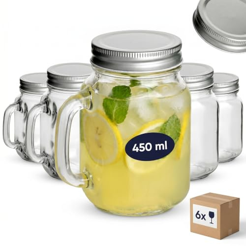 gouveo 6er Set Trinkgläser 450 ml mit Deckel silberfarben - Trinkglas mit Henkel und Drehverschluss - Henkelgläser mit Deckel - Cocktail-Glas für Garten und Balkon (TGH450S)