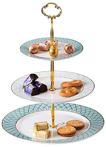 YBK Tech Présentoir à gâteaux en porcelaine anglaise à 3 étages avec motifs géométriques dorés et élégants - Bleu