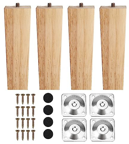 INMOZATA Möbelfüße Holz 4 Stück 16cm Tischbeine Vierkant Möbelbeine aus Eiche mit Montageplatten Schrauben und Fußpolster für Schrank Sofa Couchtisch Natürliche Farbe