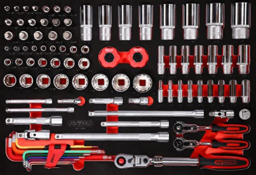 KS Tools 811.0092 1/4'' + 3/8'' + 1/2'' Steckschlüssel-Satz in Schaumstoffeinlage, 92-tlg, Zoll