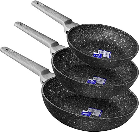 Cecotec Set di padelle Polka Exclusive 18-22-26 - Set di secchielli Wood&Rock. Diametro 18-22-26 cm, manico freddo in bachelite, alluminio forgiato