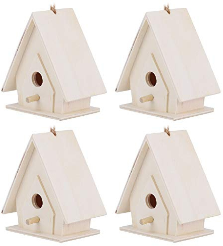 Holz-Vogelhäuser, 4 Stück Mini-Holz-Vogelhäuser mit Stange, Hängende Vogelnester Käfig-Ornament-Handwerk für Garten-Innenhof-Dekor