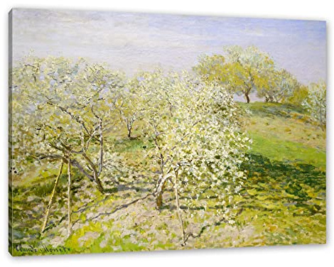 Pixxprint Claude Monet - Frühling Apfelbäume in der Blüte, Weiß, Größe: 120x80cm, Leinwandbild, fertig gespannt, Wandbild, Dekoration, Kunstdruck, kein Poster