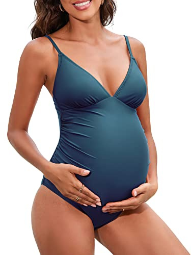 CUPSHE Costume da Bagno Premaman per Donne Costume Intero da Bagno Premaman Costume da Bagno per Gravidanza Spalline Spaghetto Rugate Regolabili, Blu scuro, XS