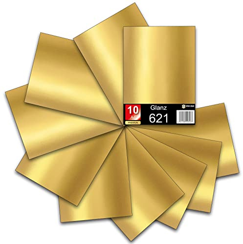 Finest Folia Din A4 Bögen je 29,7x21cm 621/631 Selbstklebende Plotterfolie im Set Folie Vinyl Folie zum Plotten DIY Bastelfolie Sticker Beschriftungen Aufkleber (Gold glanz, 10er Set)