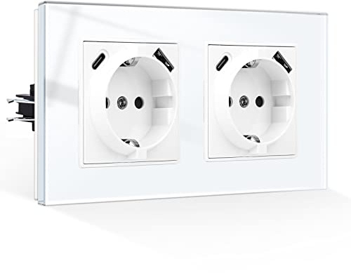 CNBINGO Doppelsteckdose mit USB Anschluss, 2× (USB-A und Typ-C Port Max.2,1 Amp total), Unterputz Steckdose mit Krallen, Schuko Steckdose mit Glasrahmen in Weiß, 2-Fach