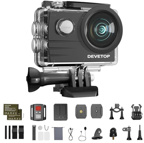 DEVETOP Glory60 Action Cam 4K/30FPS Unterwasserkamera 40M Wasserdicht 20MP WiFi mit Weitwinkel 170° externes Mikrofon Ultra HD Wireless Fernbedienung 2.4G 2x1050mAh Batterien und Zubehör