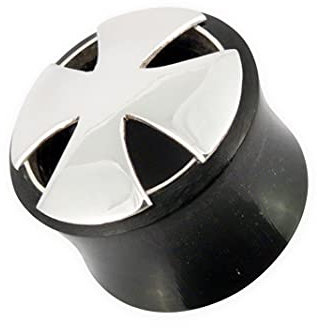 Fly Style Piercing Ohr Tunnel Plug Horn und 925 Silber - Ohr Piercings - Eisernes Kreuz Horn Tunnel, Grösse:22 mm (Paar)