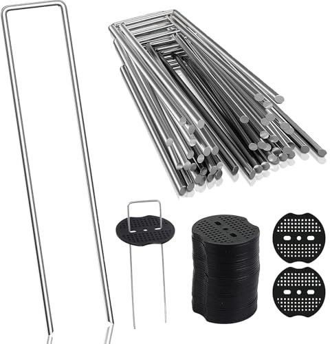 ERUIV Garten Erdanker,Profi Bodenanker aus Verzinkt Stahldraht,Unkrautvlies Erdnägel,Befestigung von Folien, Kunstrasen,Zaun,100 Erdanker & 100 Pufferscheibe,150MM Lang,40MM Breit, Ø 3,8MM