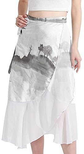 Women Beach Sarongs, Sheer Cover Ups Chiffon, Bikini Wrap Skirt for Swimwear, Chinese Ink Painting Lake Boat Mountain