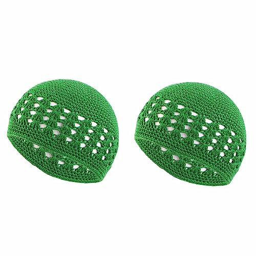SHTGOI 2 Stück Gestrickte Kufi-Mützen Handgemacht Häkelmütze Baumwolle Strickmütze Totenkopf-Mützen Haarnetz Kappe Gebetsmütze Islam atmungsaktive Beanie-Mütze für Sommer Männer und Fraun Grün