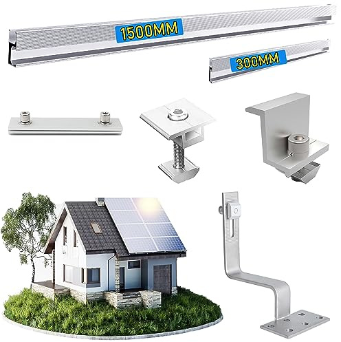 TEOV Solar Halterung Ziegeldach für 1134mm PV, Montageset Halterung Balkonkraftwerk mit 1500mm+300mm ALU Montageschiene und Dachhaken, Befestigung Solarmodul Halter für 30mm Solarpanel X 4