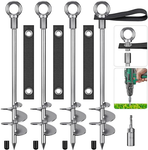 Insaga Tent Peg, 45cm Heavy Duty Ground Anchor Large Metal Earth Stake Spiral Blade Screw in Trampolines Spike for Swing Set/Camping/Shed/Dog/Carport with Fixed Loop Strap, 4 Pack
