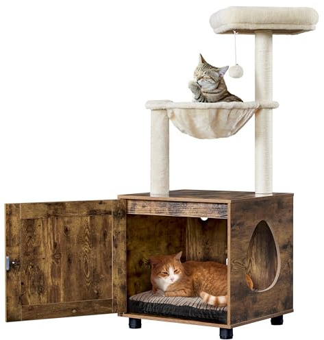 Yaheetech Cat Tree Litter Box Enclosure with Scratching Post, Rustic Brown | Particle Board & Sisal Scratching Posts, Cat Condo & Perch Platform & Hidden Litter Box, For Indoor Cats Kittens Multi-Cat