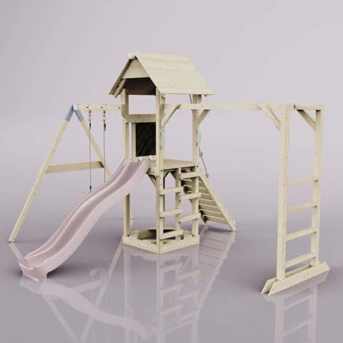 Rebo Klettergerüst aus Holz mit Wellenrutsche | Outdoor Spielturm mit Kinderschaukel, Hangelstangen, Plattform und Kletterseil