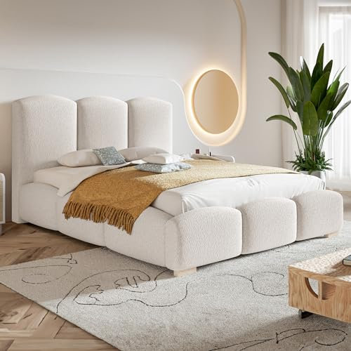 MOTIVENA Hilton Bubble Bett 140x200 Weiß Boucle, mit Stauraum, mit Kopfteil, mit Lattenrost, mit Füßen, ohne Matratze, Bubble Polsterbett 140x200 mit Bettkasten Weiß (Milch)