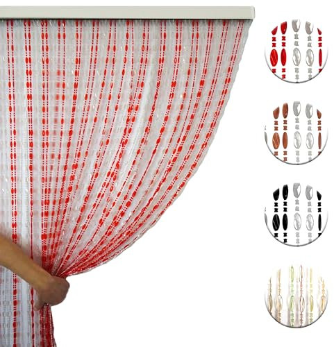 Tenda Antimosche a Perline Bicolore con Fili Alternati, Moschiera a Pannello Ombreggiante Divisoria per Porta Finestra Ingresso Balcone Giardino con Kit Ganci - Trasp/Rosso, 120x220