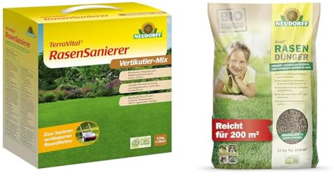 Neudorff TerraVital RasenSanierer um Ausbessern lückenhafter Flächen & Azet RasenDünger – Organischer Bio-Rasendünger für 200 m² sorgt für eine dichte, grüne und strapazierfähige Rasenfläche, 10 kg