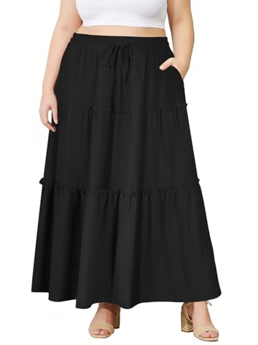 Moon Wood Jupe Longue Femme Ete Elastique Taille Haute Jupe Plissée avec Poches A-Ligne Maxi Skirt de Plage Grande Taille Noir 4XL