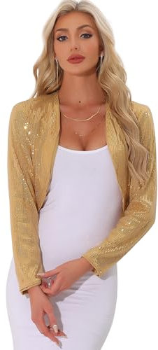 Allegra K Damen Pailletten Festlich Party Jacke Vorne Offen Kurz Glitzernder Bolero Gold L