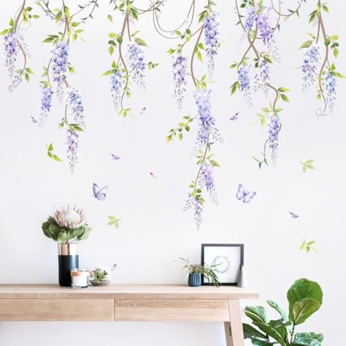 Supzone Wandtattoo Blumen Schlafzimmer Wandaufkleber Lila Glyzinien Blumenranke Blätter Wandsticker für Wohnzimmer Schlafzimmer Büro Sofa TV Hintergrund Wanddeko