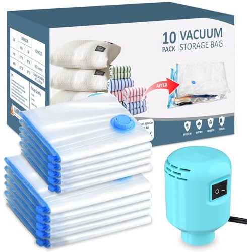 Sacchetti Sottovuoto Vestiti con Pompa Elettrica, 10 Pezzi Buste Sottovuoto Vestiti 5 Grandi 100cmx70cm + 5 Medie 80cmx60cm, Sacchi Sottovuoto Piumoni Riutilizzabili per Coperte, Piumino, Trapunte