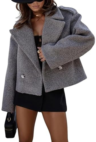FYHTC Manteau Court a Double Boutonnage pour Femme, Veste Trench-coat D'hiver Courte en Laine Mélangée a Revers Crantés(Gray,Small)