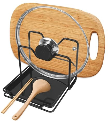 CRITIVE-SHOP Support de couvercle de poêle avec coussin d'égouttement amovible, repose-cuillère, rangement de couvercle de casserole en 2 couches, organisateur de couvercle de casserole, plateau de